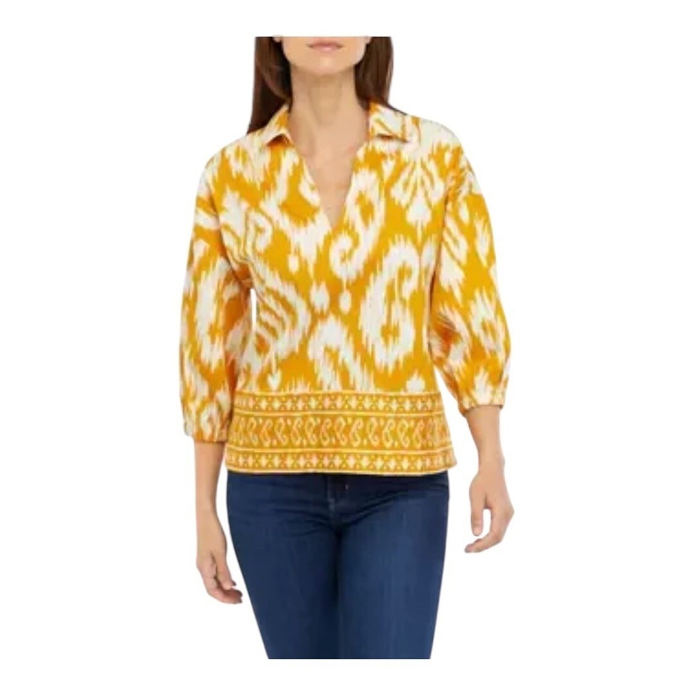 Crown & Ivy Blouse Womens XL Yellow White Ikat 3/4 Sleeve Split Neck‎ Boho Top